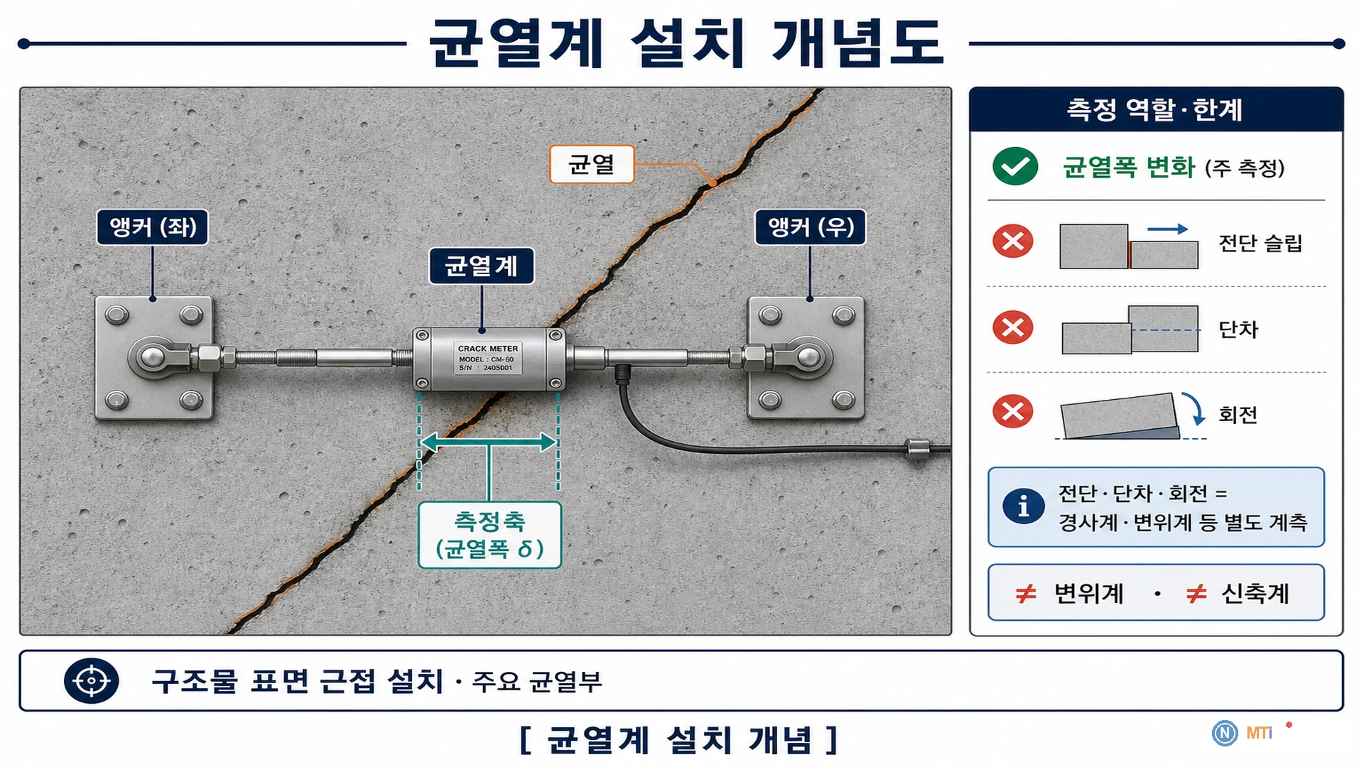 균열계 설치 개념도 - 균열 양측 앵커와 변위 측정 방향 표시