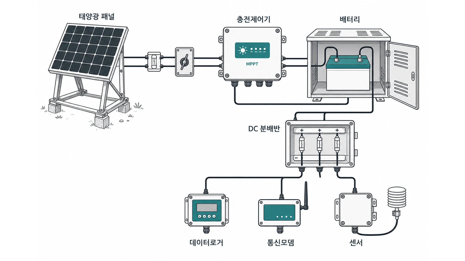 태양광 전원: 패널→DC 차단→충전제어기→배터리→DC 분배반→데이터로거·통신모뎀·센서