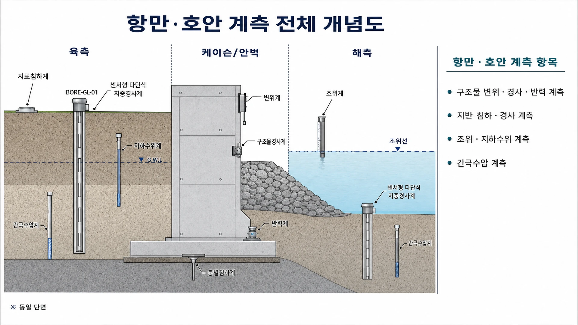 항만·호안 계측 전체 개념도 - [좌]육측|케이슨·안벽|[우]해측 횡단·구조물·주변지반·조위 계측 개요