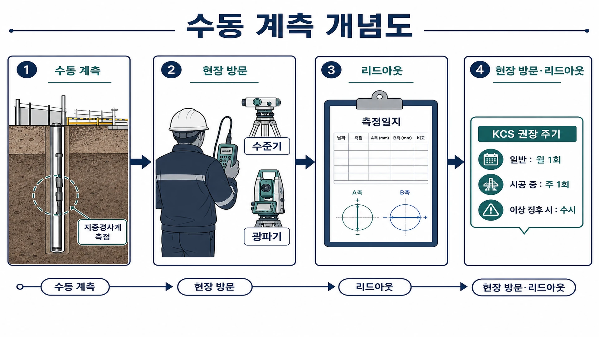 KCS 수동계측 개념도 - 현장 방문·리드아웃·측정일지