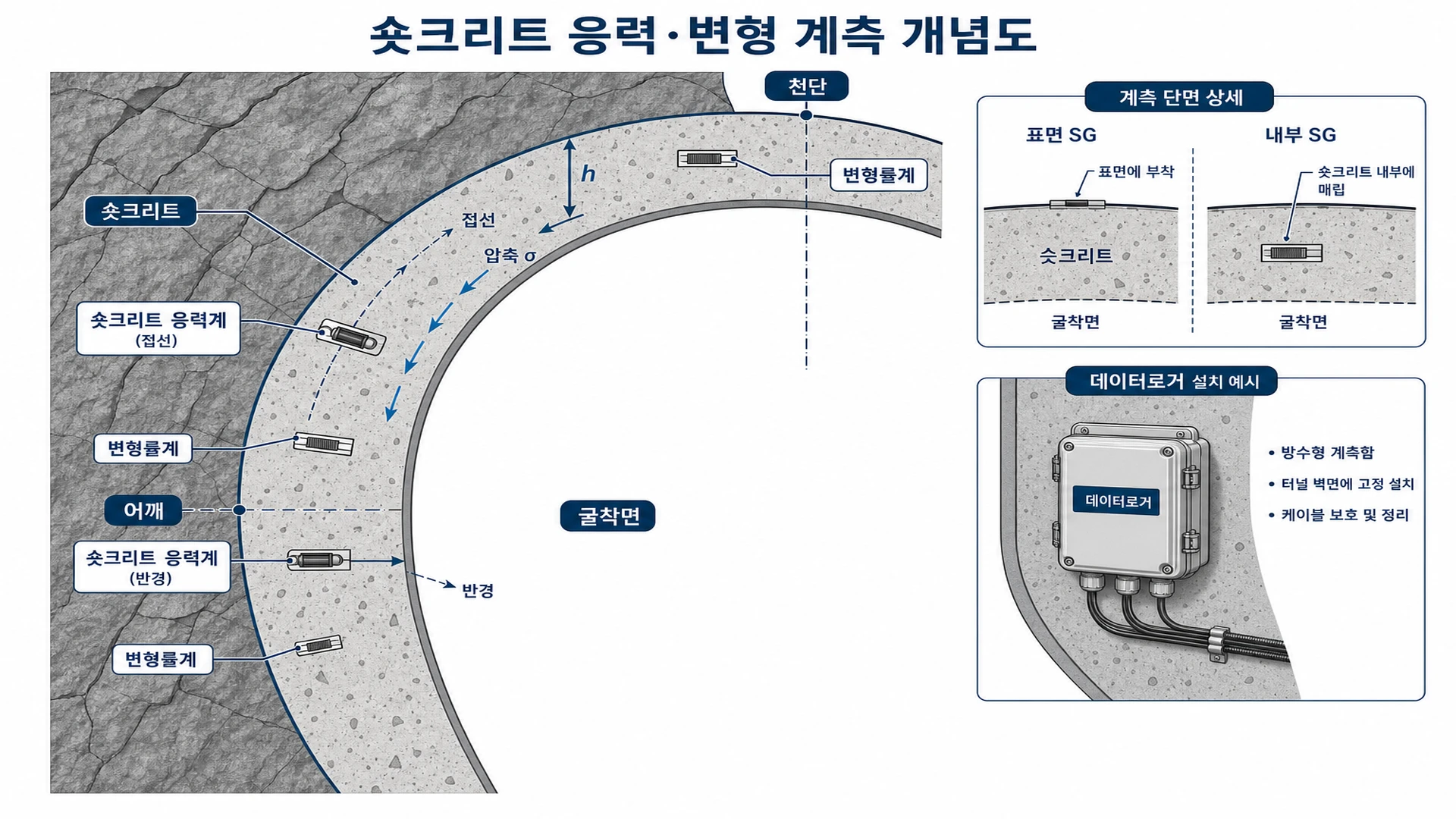 숏크리트 응력·변형 계측 개념도 - 변형률계 매립·라이닝 부담