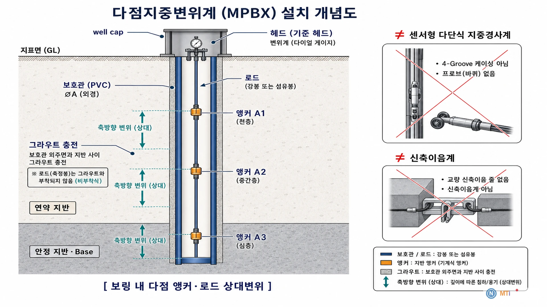 다점지중변위계 (MPBX) 설치 개념도 - 보링 내 다점 앵커·강봉 상대변위: ≠ inclinometer