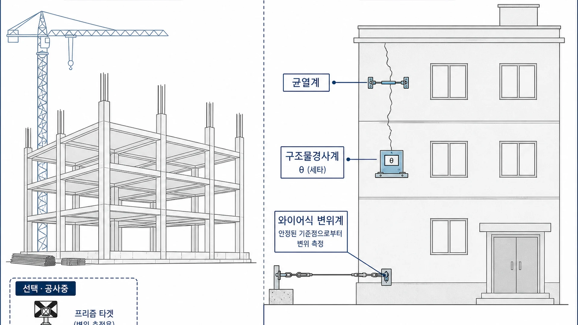 건축공사 주변건물 계측 - 신축 현장 인접 건물 균열 경사
