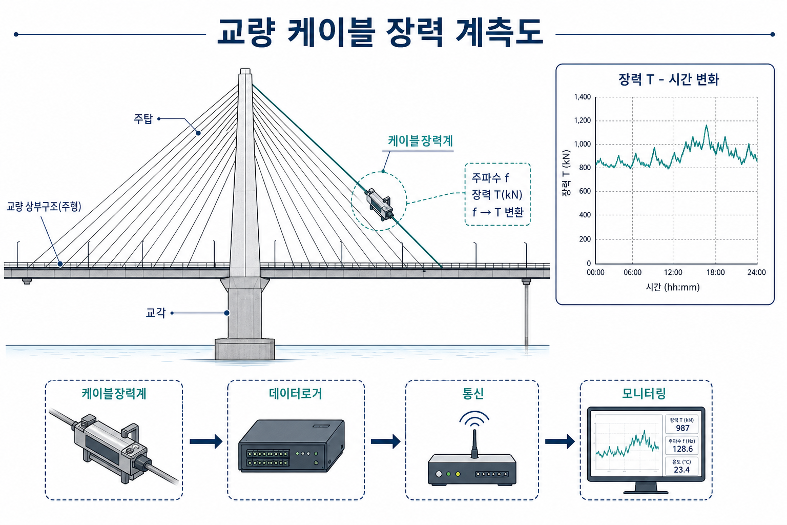 교량 케이블 장력 계측도 - 사장교 주케이블 주파수법 장력 T