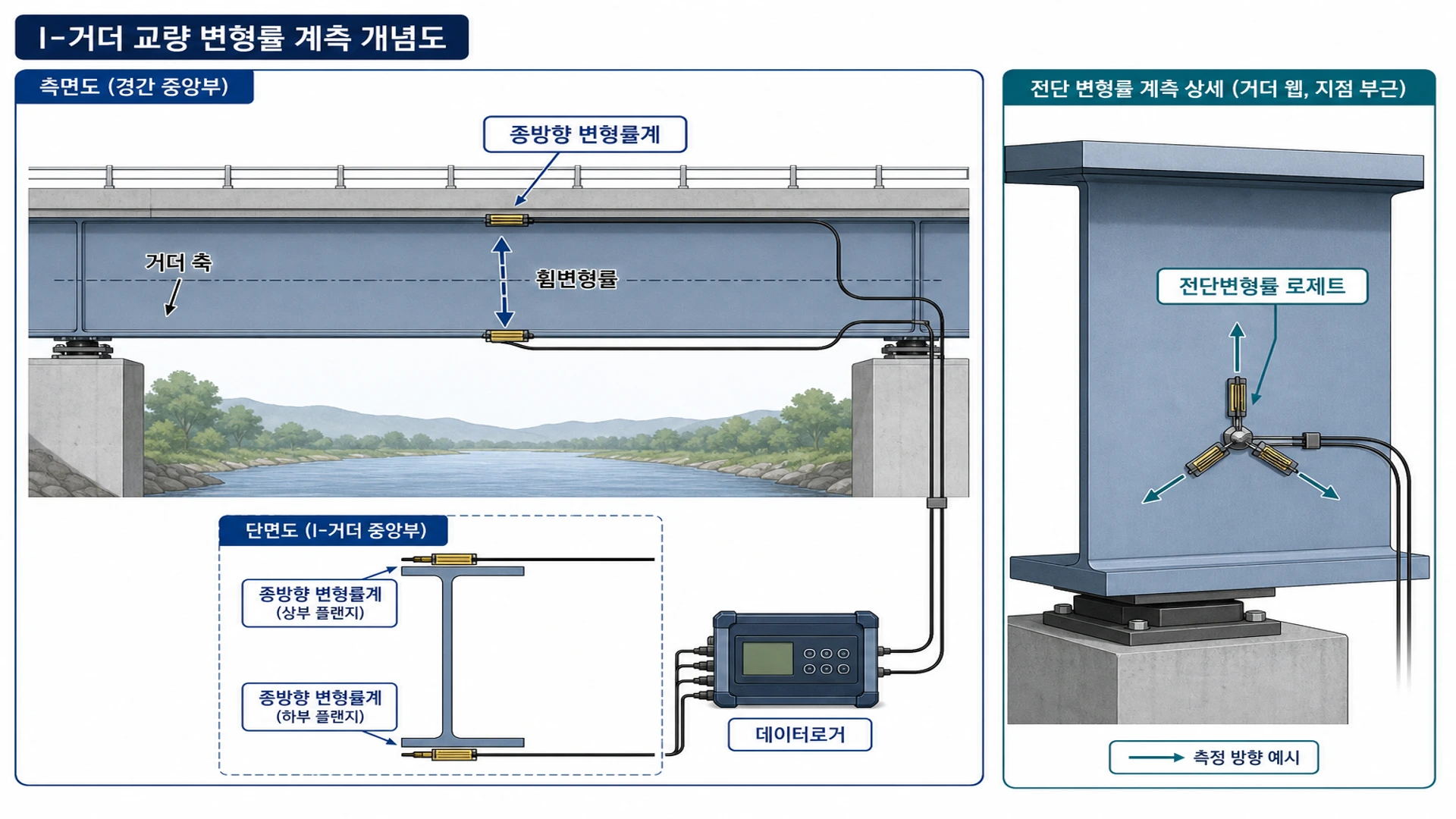 교량 거더 측면도에서 종방향 변형률계와 전단변형률 로제트를 측정 방향에 맞게 표시한 개념도