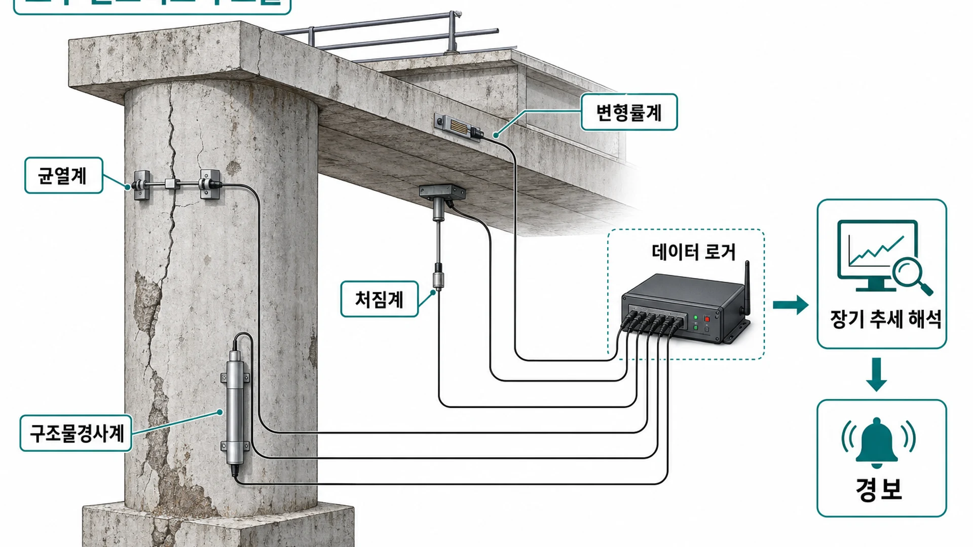 노후 콘크리트 구조물 안전계측: 균열계·변형률계·처짐계·구조물경사계·장기 추세 해석