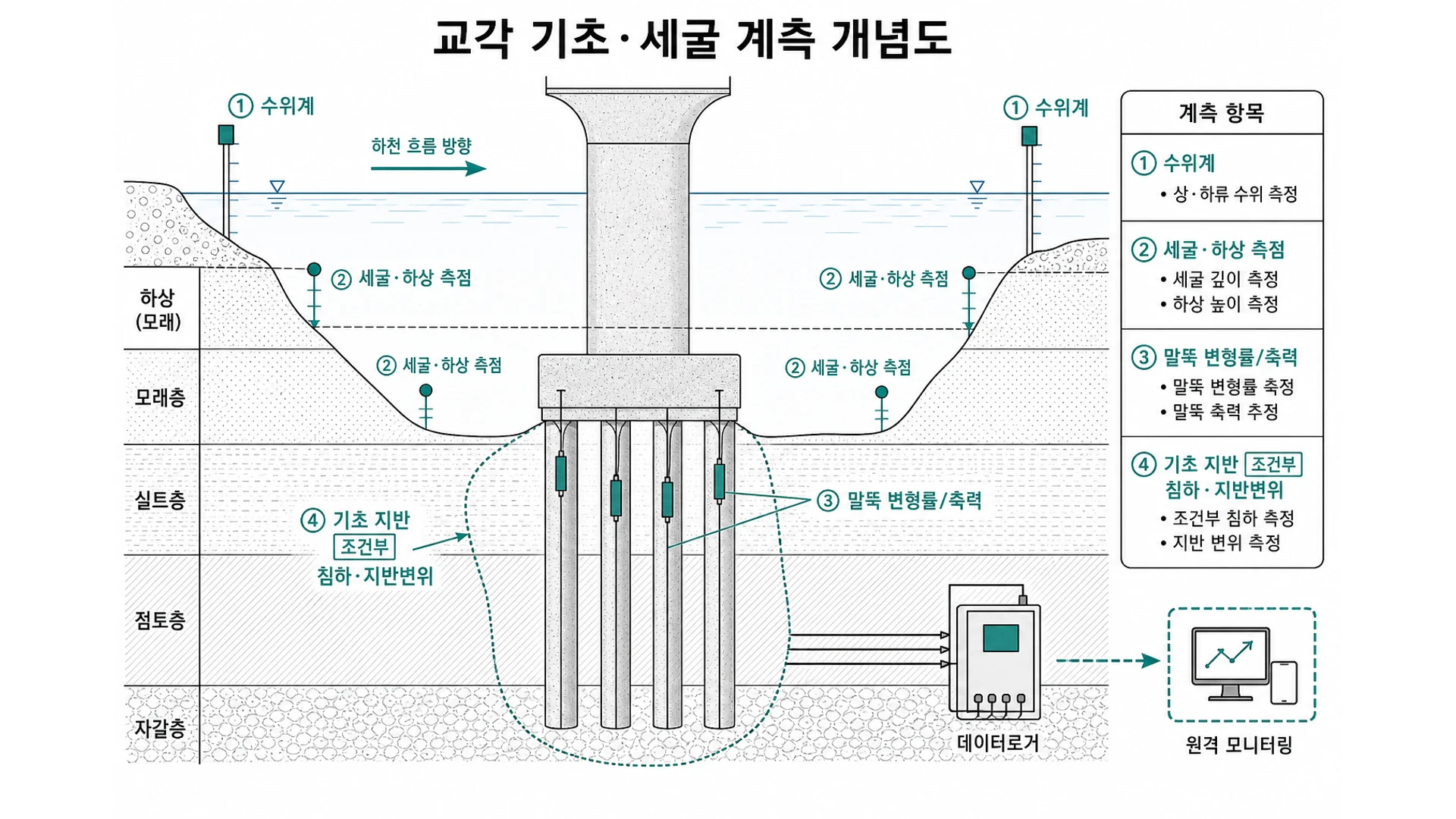 교각 기초 세굴 계측 개념도 - 하천 수위계 하상 세굴 말뚝 축력 기초 지반변위 데이터로거