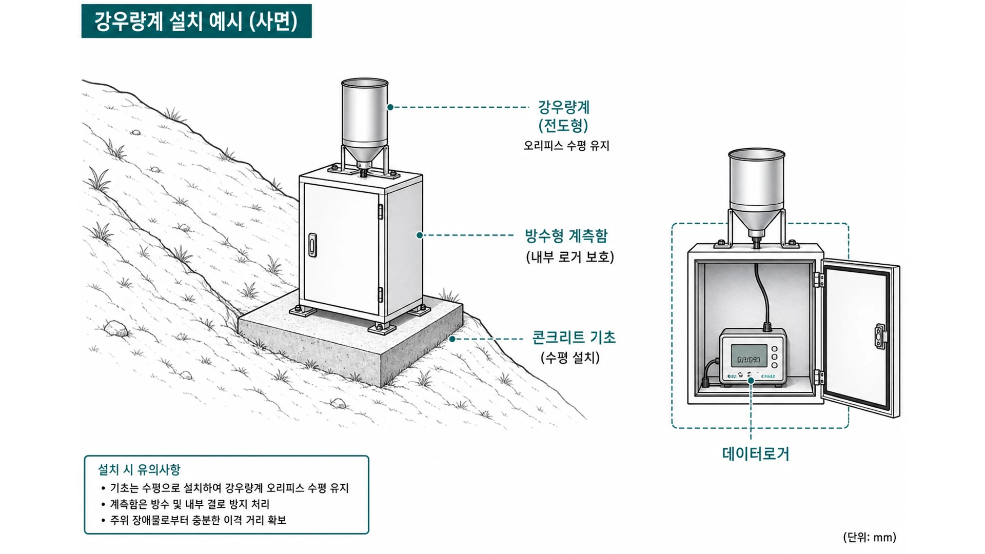비탈면·급경사지 강우량계 설치 개념도 - 사면 상부·능선 근처 강우량계·데이터로거·지하수위·지중경사계 연계