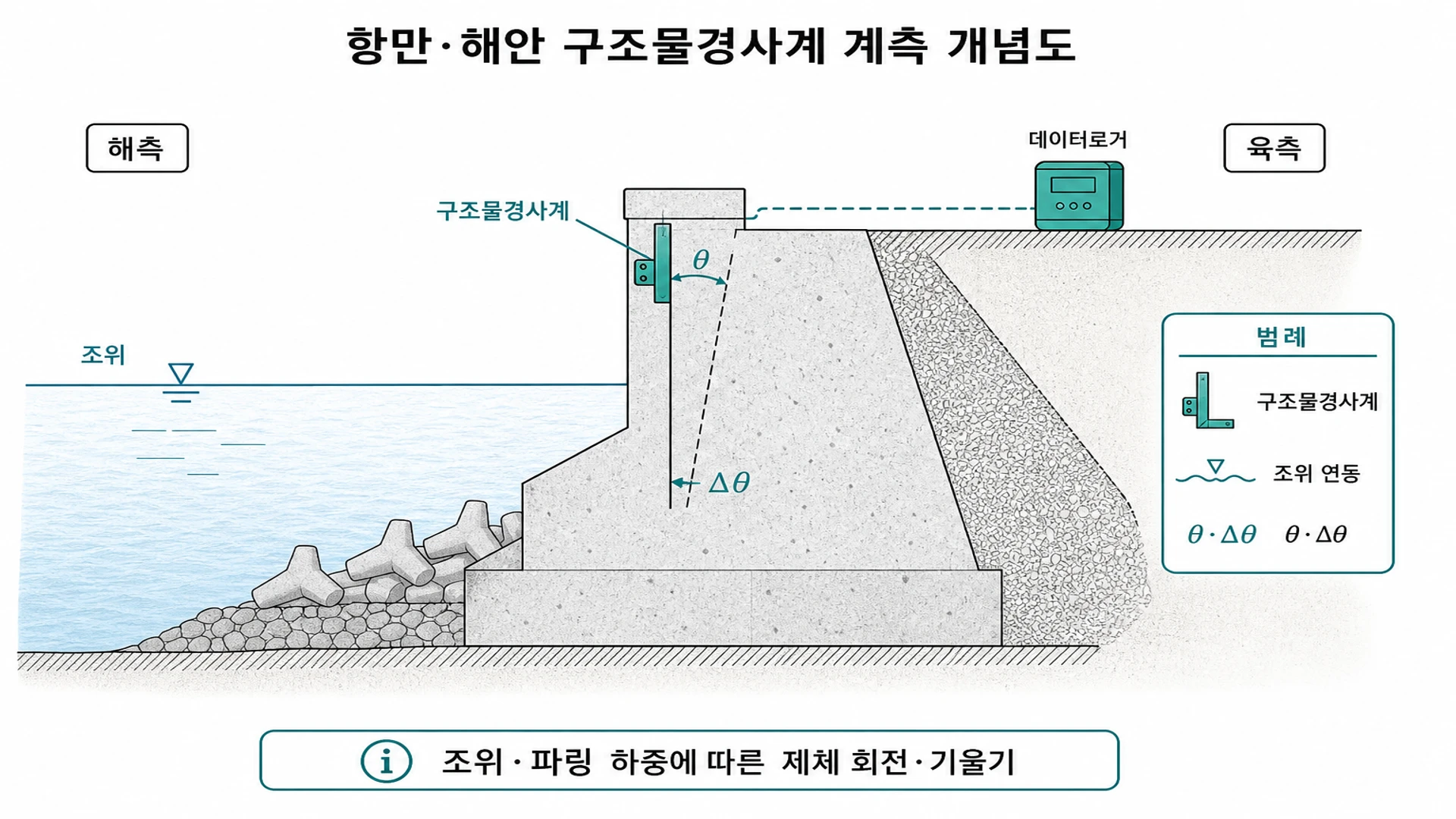항만 해안 구조물경사계 계측 개념도 - 중력식 안벽 방파제 제체 L브래킷 구조물경사계 조위 데이터로거 θ Δθ