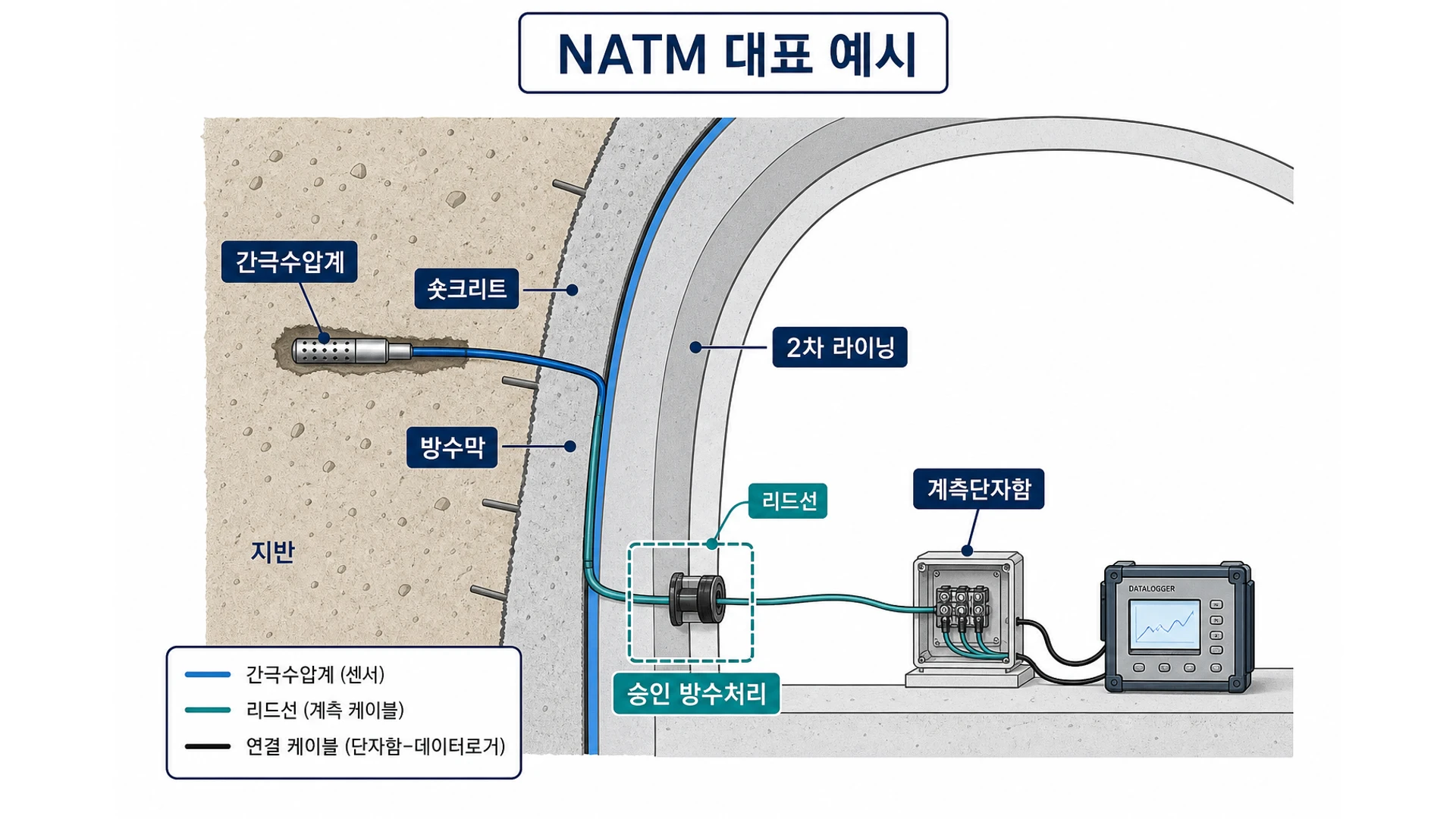 터널 배면 간극수압계와 방수 보호 경로 개념도