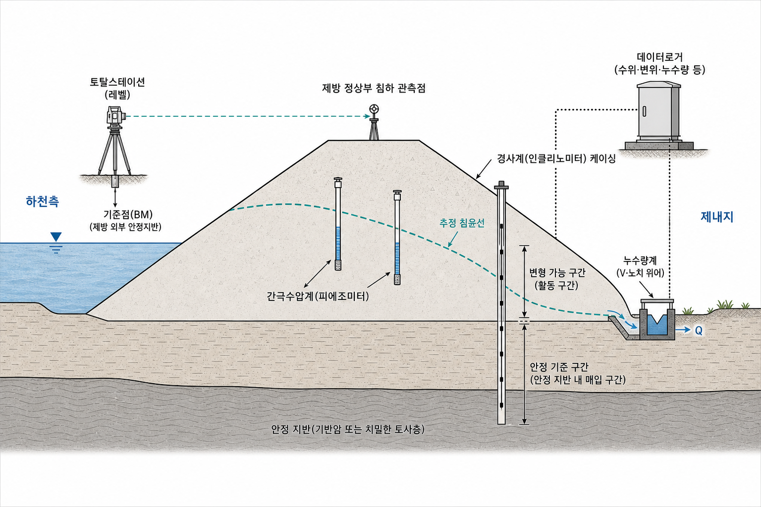하천제방 횡단면 - 외부 기준점 침하·지중경사·추정 침윤선·누수량