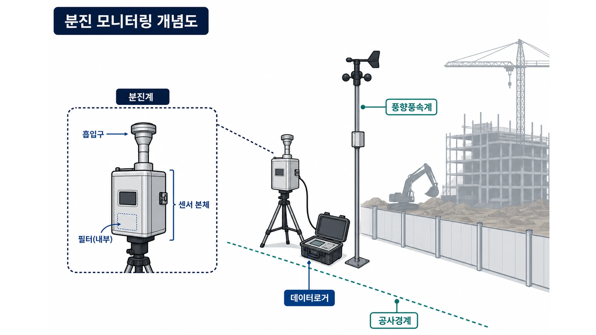 공사장 경계의 분진계 흡입구, 센서 본체, 데이터로거와 보조 풍향풍속계를 표시한 계측 개념도